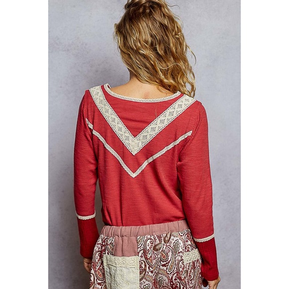 POL Red Ribbed V Neck Lace Trim Henley Top - Picture 3 of 5